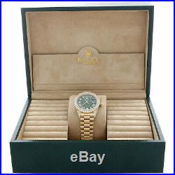 18K Gold 36mm Rolex President Day-Date 18038 Diamond Watch Green Dial 5.75 CT