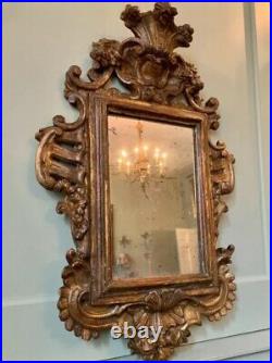 18th Century Antique vintage Baroque gild gold wood carved patina foxing mirror