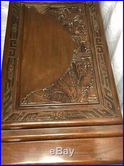 1 Vintage 20th Century Oriental Guangdong Large Camphor Wood Carved Chest Table