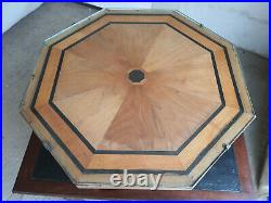 20thC, hexagonal, small, walnut, marquetry, side, end, coffee, table, glass top, spade ft
