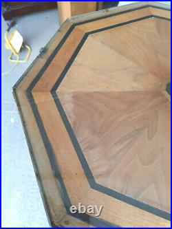 20thC, hexagonal, small, walnut, marquetry, side, end, coffee, table, glass top, spade ft