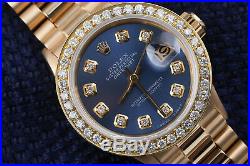 26mm Diamond Rolex 18K Yellow Gold Blue Dial Ladies Presidential Watch