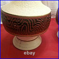 2 Vintage MID Century Danish Modern Textured Ceramic Teak Wood Pair MCM Lamps