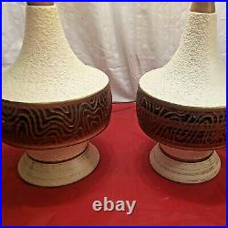 2 Vintage MID Century Danish Modern Textured Ceramic Teak Wood Pair MCM Lamps