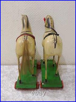 2 X Antique Paper Maché Wood Toy Horse On Rolls Vintage Pull-Along