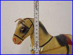 2 X Antique Paper Maché Wood Toy Horse On Rolls Vintage Pull-Along