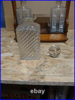 3 Bottle Tantalus Cut Glass Crystal Dark Wood Decanter Set Vintage Antique