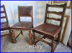 6 Square Ladder Back Oak Leather Dining Chairs Vintage 20thC Turned Legs Kitchen