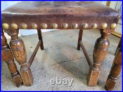 6 Square Ladder Back Oak Leather Dining Chairs Vintage 20thC Turned Legs Kitchen