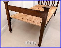 ANTIQUE OAK BED FRAME Carved With Cast Iron Supports & Wheels Classic Vintage