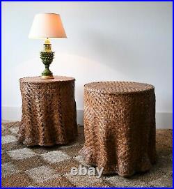 A Pair of Soane Britain Style Vintage Rattan Wicker Coffee Bed Side Lamp Tables