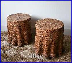 A Pair of Soane Britain Style Vintage Rattan Wicker Coffee Bed Side Lamp Tables