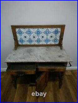 A Vintage Framed Wash Stand Marble Topped, Blue & white Tile Backed