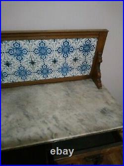 A Vintage Framed Wash Stand Marble Topped, Blue & white Tile Backed