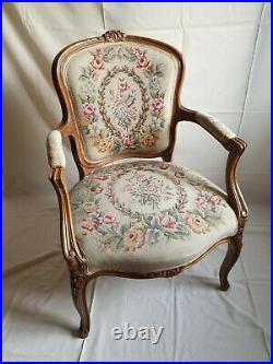 A Vintage French tapestry chair Louis style, antique salon chair, carve