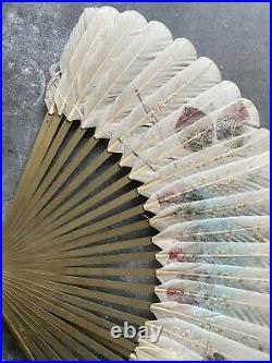 Antique 20's 30's Feather Wood Fan Hand Painted Painting Vintage 46 X 29 Cm Deco
