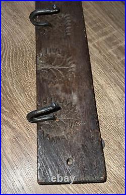 Antique Butchers Rack Vintage Deep Carved Wood Forged Iron Hook Reclaimed Rustic