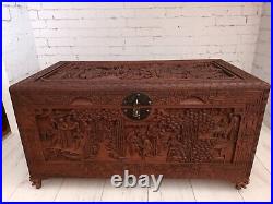 Antique Camphor Wood Trunk Oriental Carved Chest Coffee Table Asian Vintage