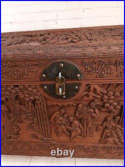 Antique Camphor Wood Trunk Oriental Carved Chest Coffee Table Asian Vintage