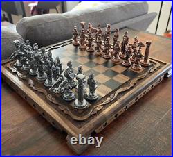 Antique Chess Set Vintage Metal Pieces Hand Carved Walnut Wood Board Gift Idea