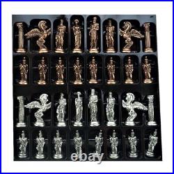 Antique Chess Set Vintage Metal Pieces Hand Carved Walnut Wood Board Gift Idea