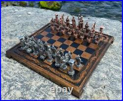Antique Chess Set Vintage Roman Metal Pieces Hand Carved Walnut Wood Board