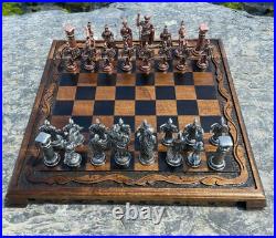 Antique Chess Set Vintage Roman Metal Pieces Hand Carved Walnut Wood Board