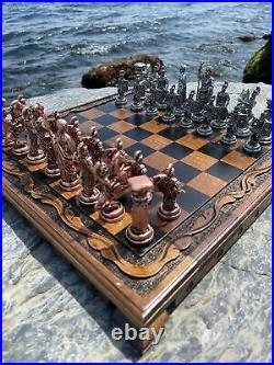Antique Chess Set Vintage Roman Metal Pieces Hand Carved Walnut Wood Chess Board