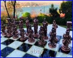 Antique Chess Set with Storage Vintage Chess Pieces and Marble Wood Chess Board