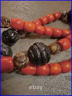 Antique Chinese Zodiac Animal Red Coral Bead Necklace Jasper Black Wood