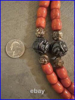 Antique Chinese Zodiac Animal Red Coral Bead Necklace Jasper Black Wood