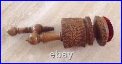Antique French Wood Treen Sewing Clamp Pin Cushion Wool String Holder Vintage