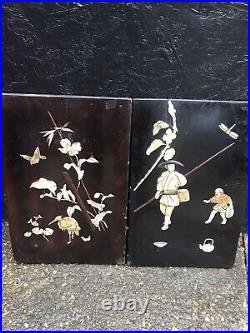 Antique JAPANESE LACQUER SHIBAYAMA PANELS wood vintage wall plaque carved art