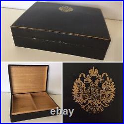Antique Lacquer Wood Box Russian Eagle Crest Gold Black Vintage Trinket Storage
