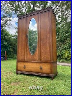 Antique Oak Mirrored Wardrobe Vintage Boudoir Bedroom Mirror