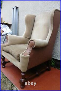 Antique Style, Vintage Part Leather Wing Back Arm Chair, Mahogany Legs Stretcher