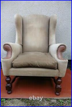 Antique Style, Vintage Part Leather Wing Back Arm Chair, Mahogany Legs Stretcher