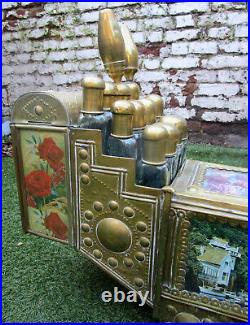 Antique Turkish Vintage Street Shoe Shine Valet Box Ornate Brass Wood 24 Bottles