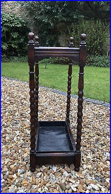 Antique Umbrella Stick Stand Wood Turned Bobbin Legs Removable Drip Tray Vintage