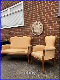 Antique Vintage Armchair & Sofa Yellow Walnut Wood Frame RRP £1200