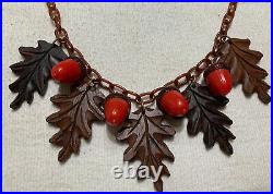 Antique Vintage Celluloid Wood Oak Leaf Acorn Brown Chain Bakelite Era Necklace