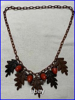 Antique Vintage Celluloid Wood Oak Leaf Acorn Brown Chain Bakelite Era Necklace