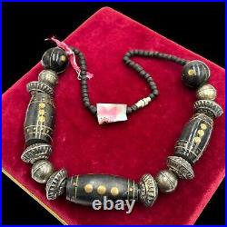 Antique Vintage Deco Retro Sterling Silver Morrocan Wood Bead Necklace 78.6g