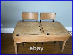 Antique Vintage Double Childrens School Desk with Matching Chairs (and storage)