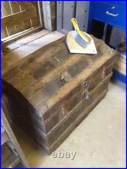 Antique Vintage Leather Bound Dome Chest Compartmented Travel Trunk Luggage HUGE