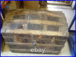 Antique Vintage Leather Bound Dome Chest Compartmented Travel Trunk Luggage HUGE