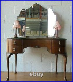Antique Vintage Louis Style Walnut Dressing Table With Lamps & Triple Mirrors