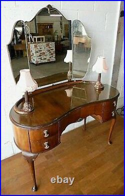 Antique Vintage Louis Style Walnut Dressing Table With Lamps & Triple Mirrors