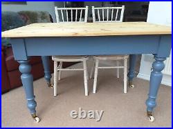 Antique Vintage Mahogany & Pine Wood Kitchen Dining Table with Brass Castors