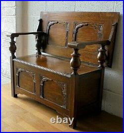 Antique Vintage Oak Monks Bench Settle Hall Seat Table With Storage